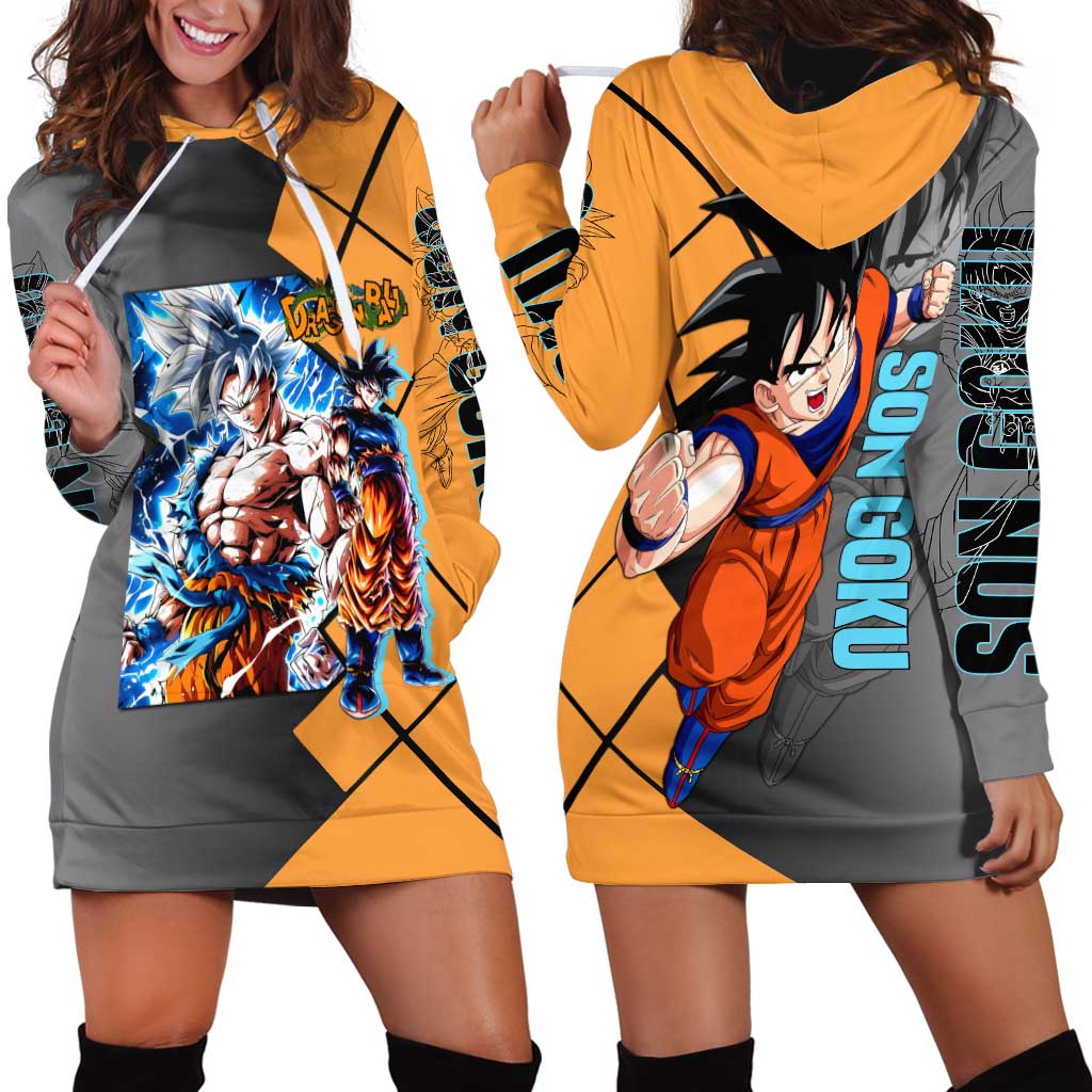 Son Goku Dragon Ball Hoodie Dress with Super Saiyan Aura and Powerful Fighting Pose Design - The Mazicc