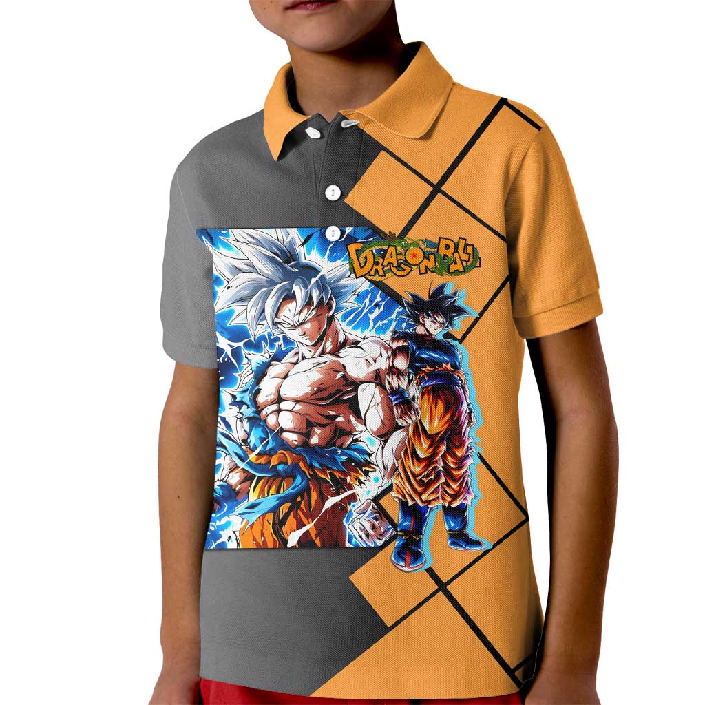 Son Goku Dragon Ball Kid Polo Shirt with Super Saiyan Aura and Powerful Fighting Pose Design - The Mazicc