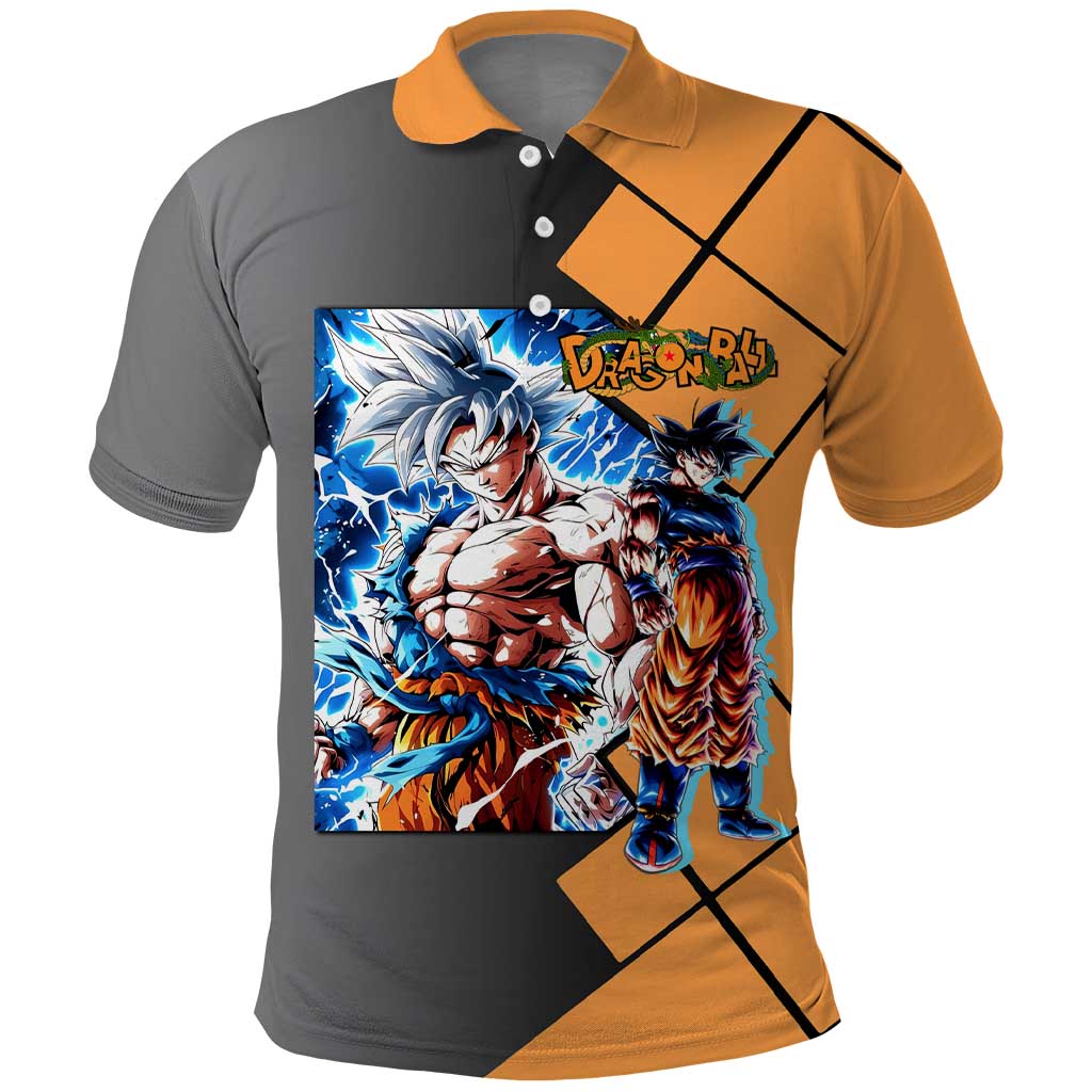 Son Goku Dragon Ball Polo Shirt with Super Saiyan Aura and Powerful Fighting Pose Design - The Mazicc
