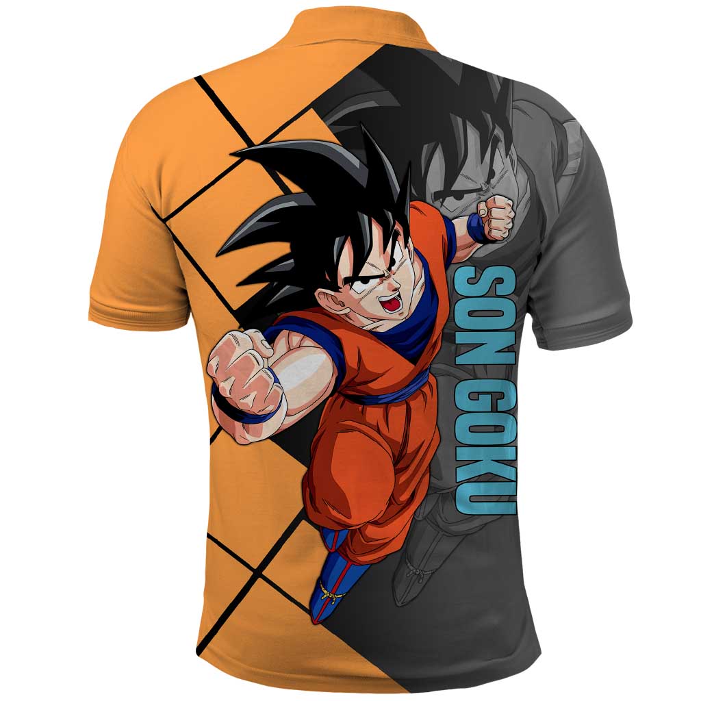 Son Goku Dragon Ball Polo Shirt with Super Saiyan Aura and Powerful Fighting Pose Design - The Mazicc