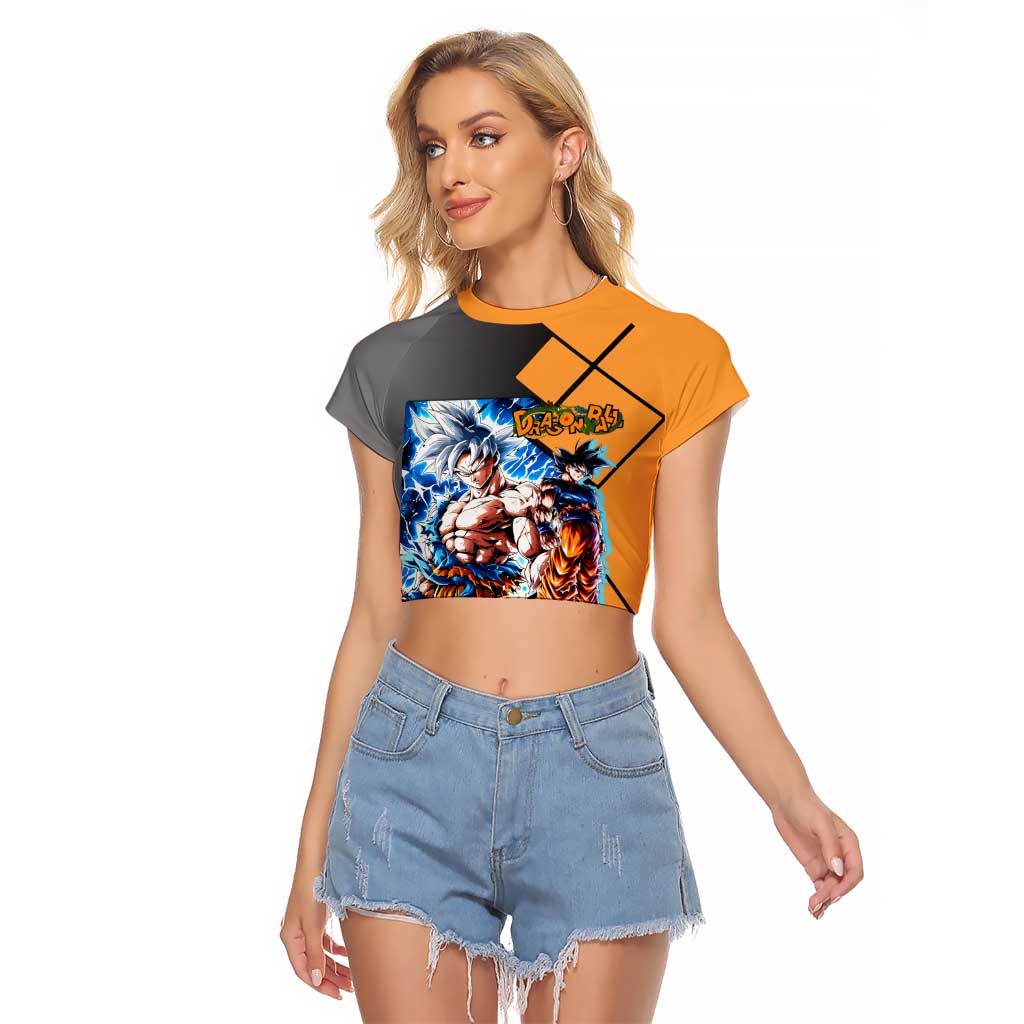 Son Goku Dragon Ball Raglan Cropped T Shirt with Super Saiyan Aura and Powerful Fighting Pose Design - The Mazicc