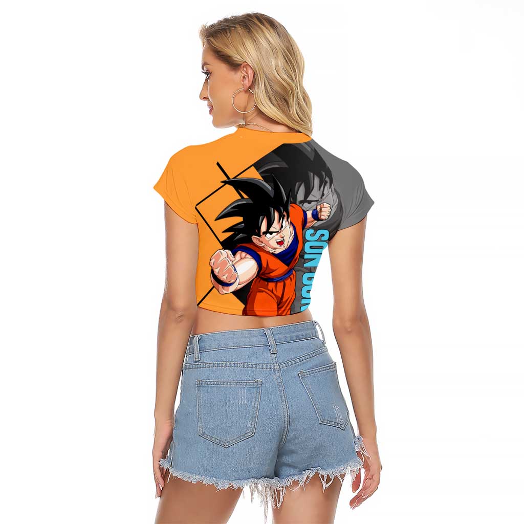 Son Goku Dragon Ball Raglan Cropped T Shirt with Super Saiyan Aura and Powerful Fighting Pose Design - The Mazicc