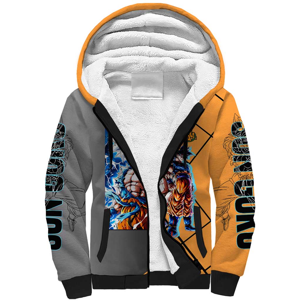 Son Goku Dragon Ball Sherpa Hoodie with Super Saiyan Aura and Powerful Fighting Pose Design - The Mazicc