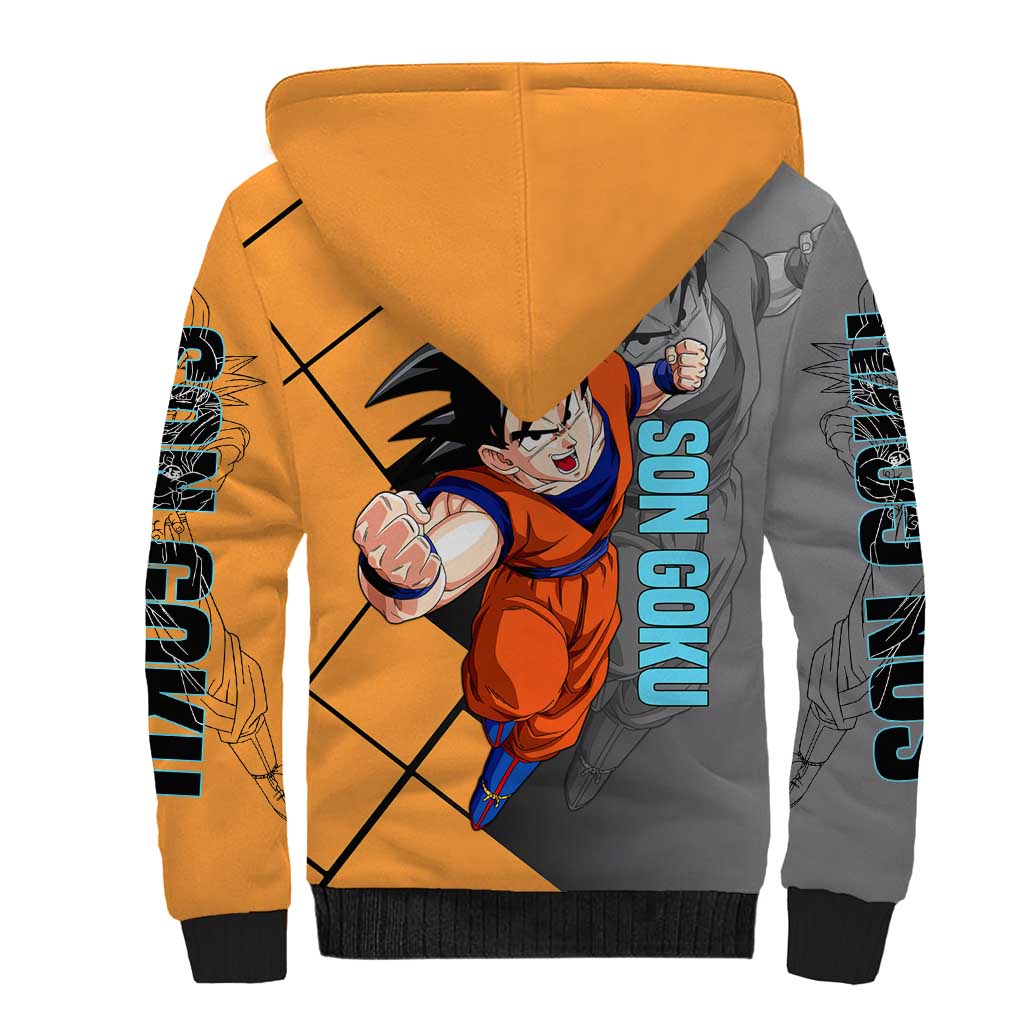 Son Goku Dragon Ball Sherpa Hoodie with Super Saiyan Aura and Powerful Fighting Pose Design - The Mazicc