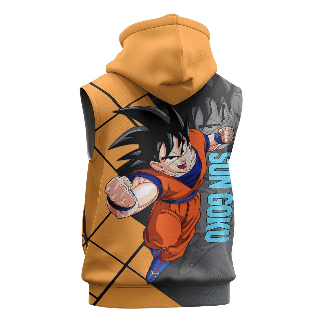 Son Goku Dragon Ball Sleeveless Hoodie with Super Saiyan Aura and Powerful Fighting Pose Design - The Mazicc