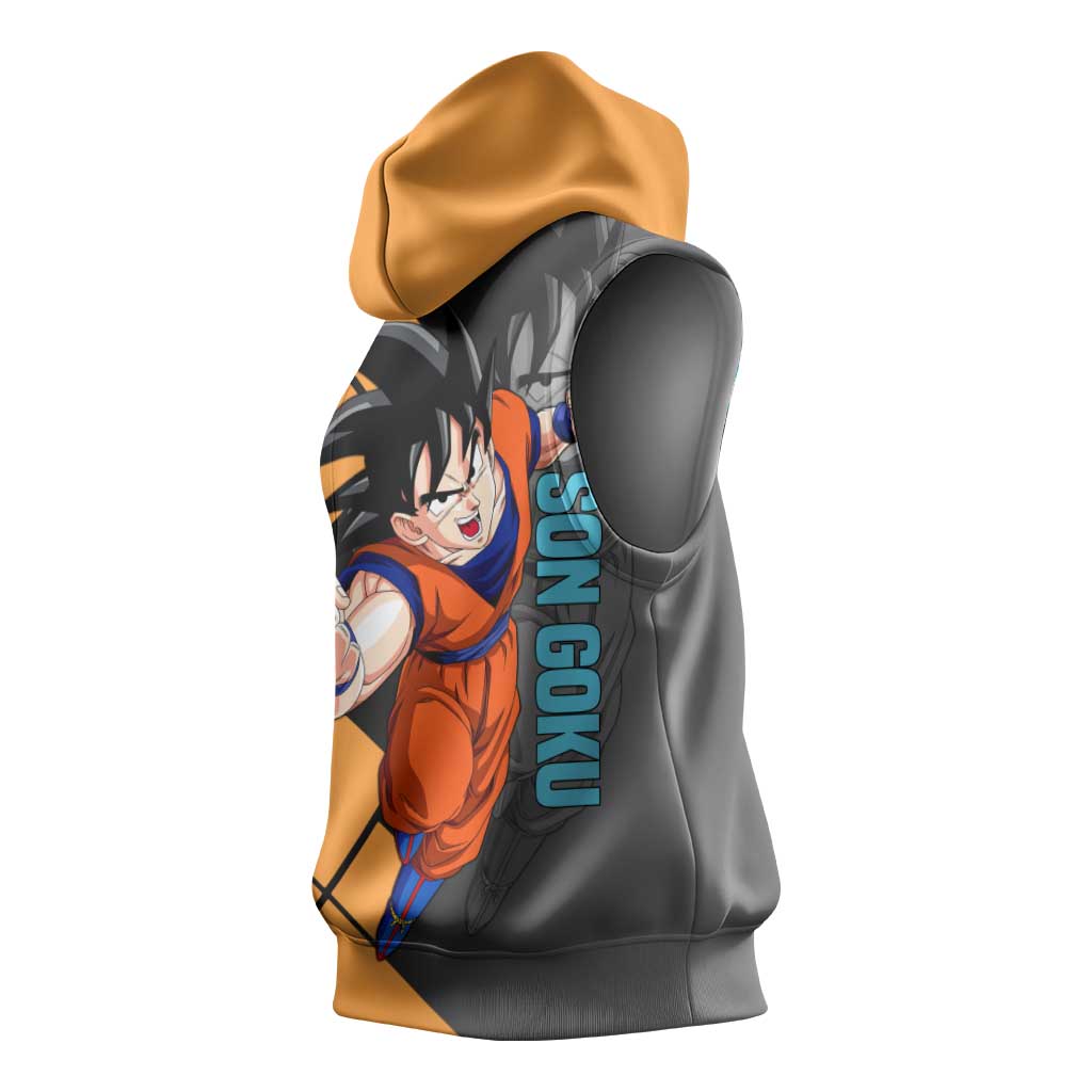 Son Goku Dragon Ball Sleeveless Hoodie with Super Saiyan Aura and Powerful Fighting Pose Design - The Mazicc