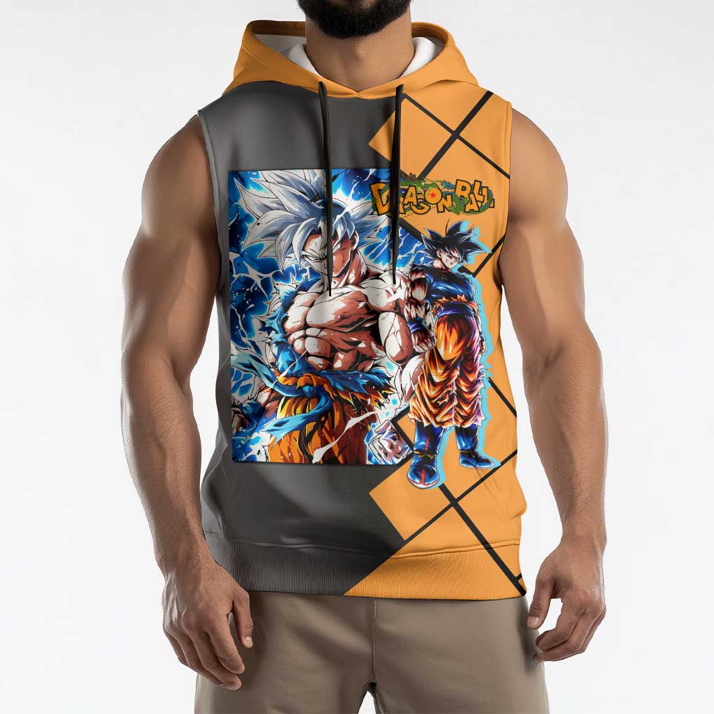 Son Goku Dragon Ball Sleeveless Hoodie with Super Saiyan Aura and Powerful Fighting Pose Design - The Mazicc