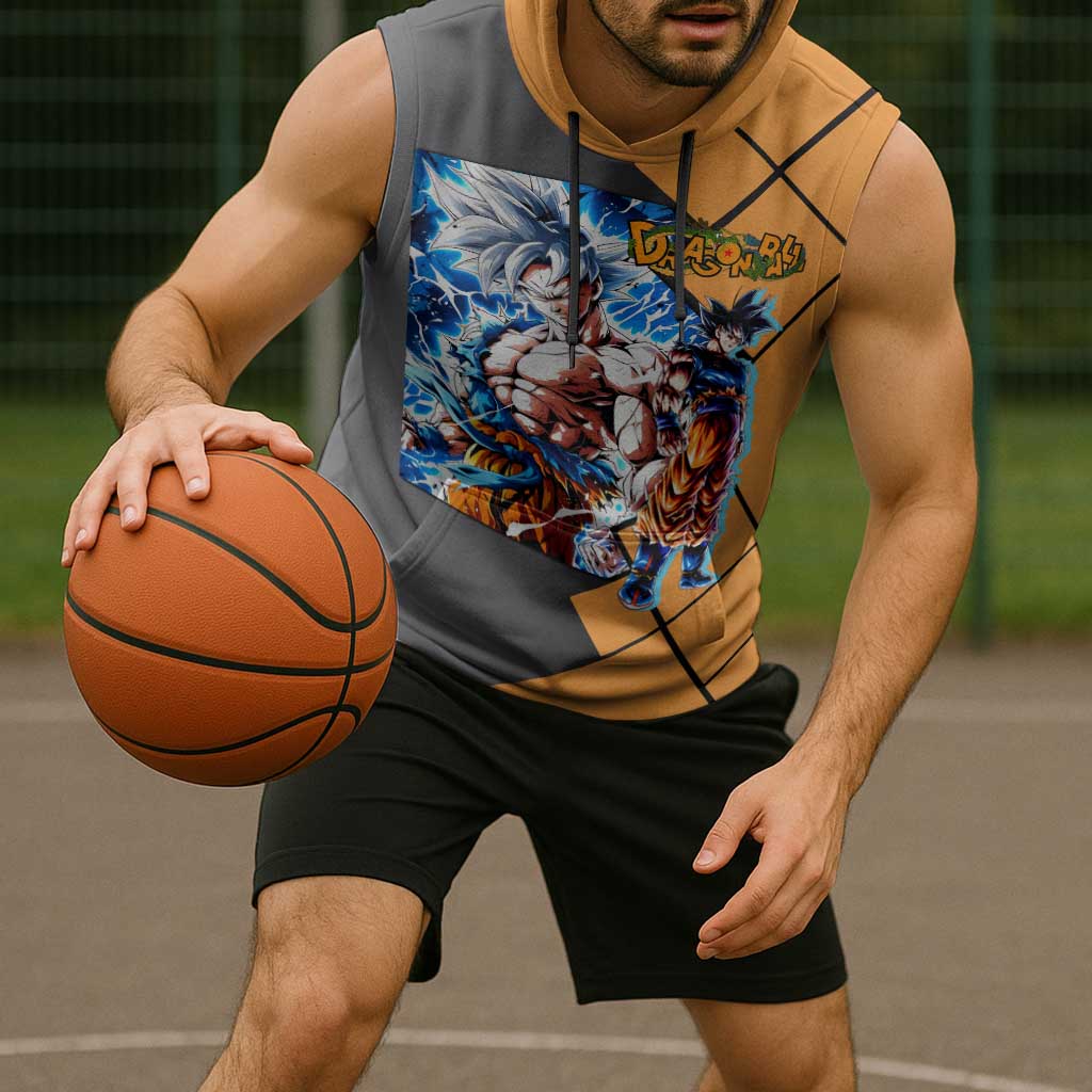 Son Goku Dragon Ball Sleeveless Hoodie with Super Saiyan Aura and Powerful Fighting Pose Design - The Mazicc
