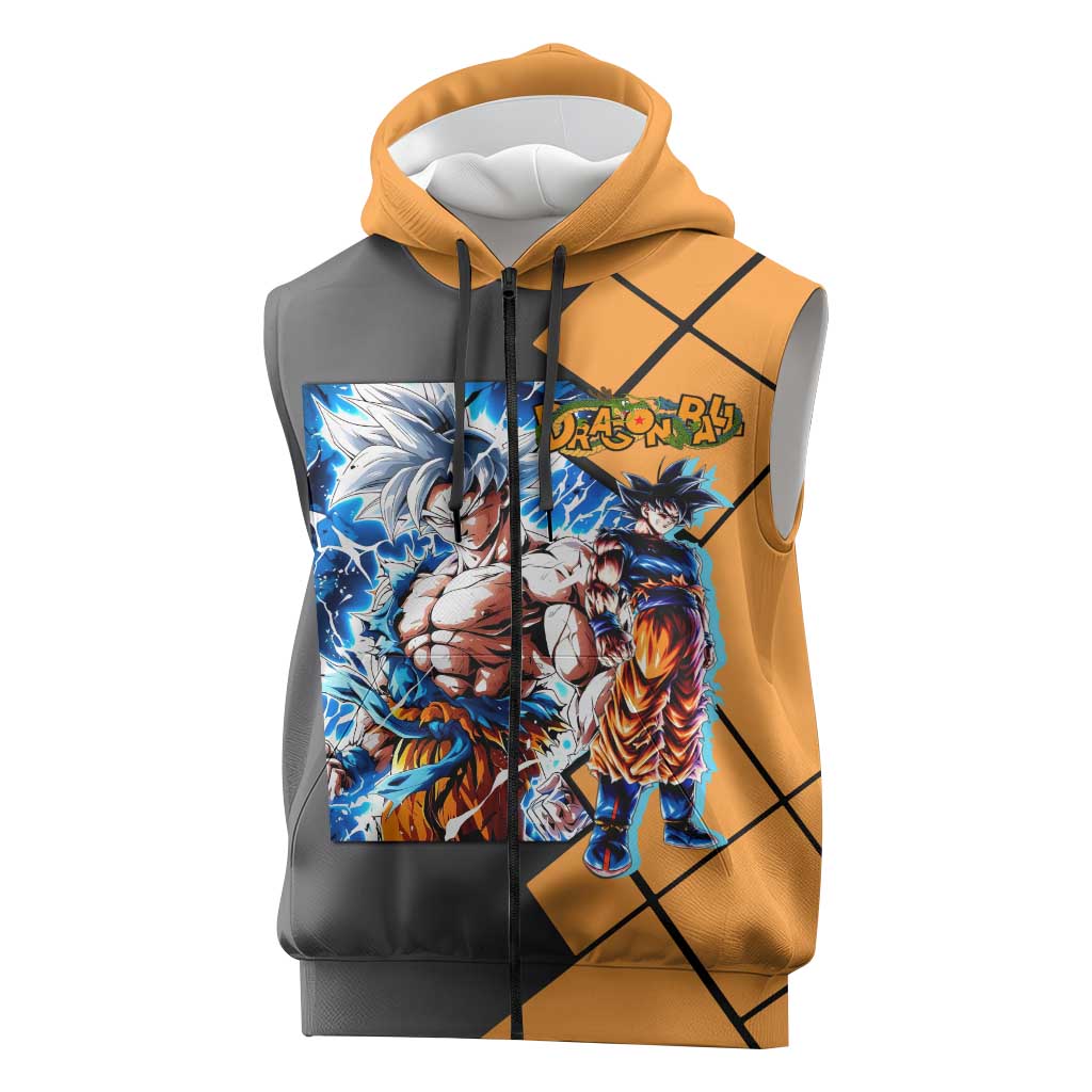 Son Goku Dragon Ball Sleeveless Zip Hoodie with Super Saiyan Aura and Powerful Fighting Pose Design - The Mazicc