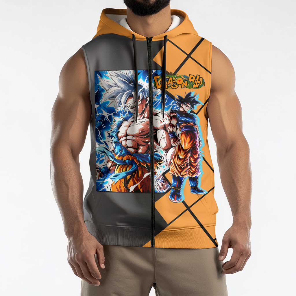 Son Goku Dragon Ball Sleeveless Zip Hoodie with Super Saiyan Aura and Powerful Fighting Pose Design - The Mazicc