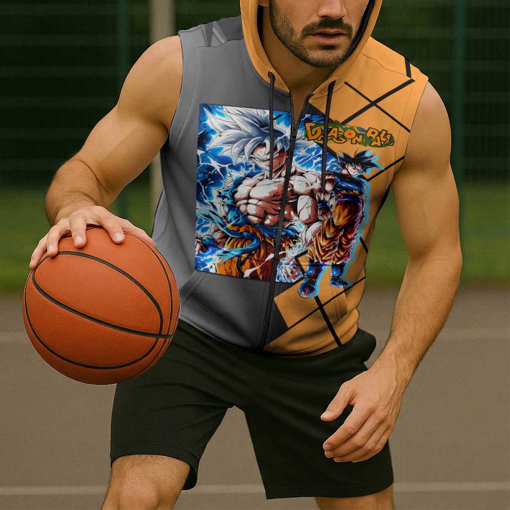 Son Goku Dragon Ball Sleeveless Zip Hoodie with Super Saiyan Aura and Powerful Fighting Pose Design - The Mazicc
