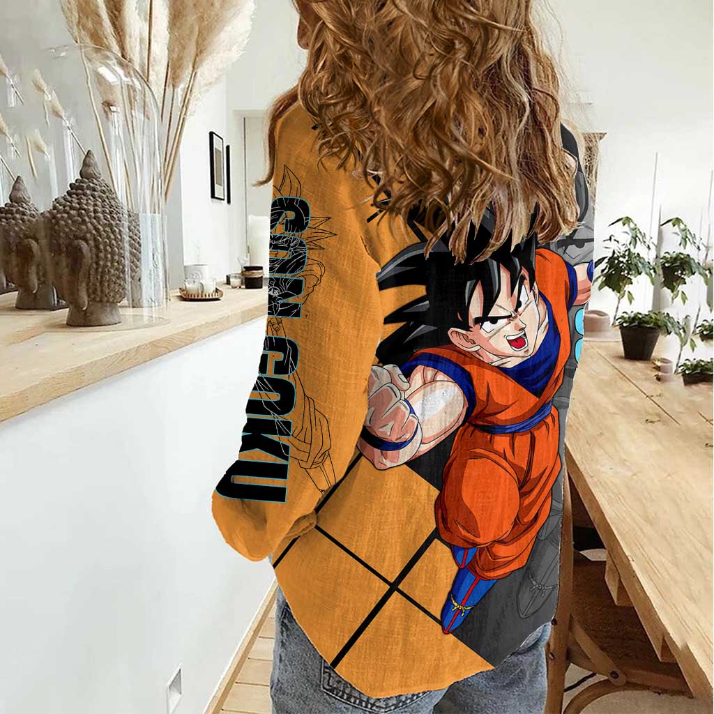 Son Goku Dragon Ball Women Casual Shirt with Super Saiyan Aura and Powerful Fighting Pose Design - The Mazicc