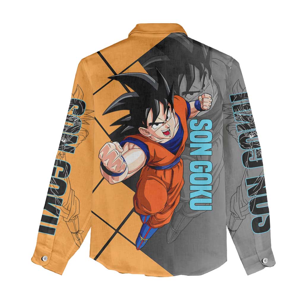 Son Goku Dragon Ball Women Casual Shirt with Super Saiyan Aura and Powerful Fighting Pose Design - The Mazicc