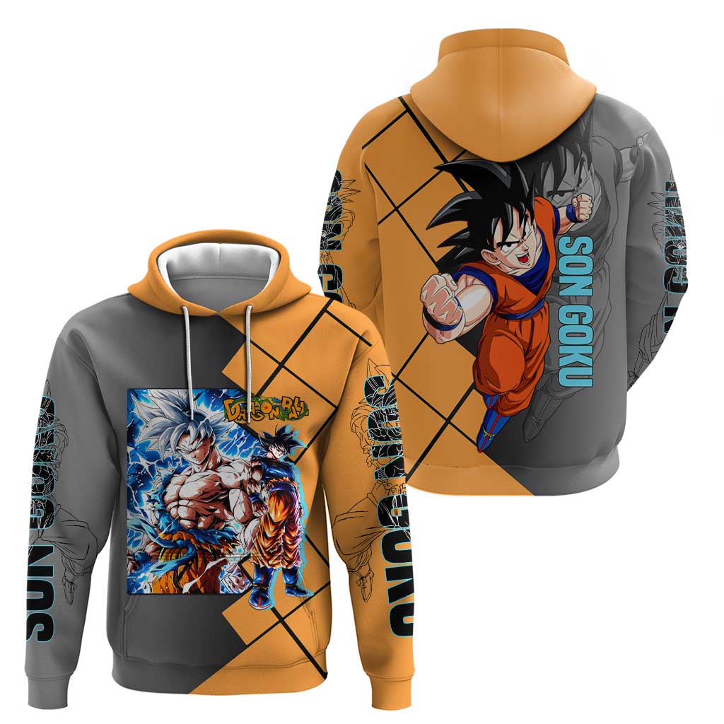 Son Goku Dragon Ball Zip Hoodie with Super Saiyan Aura and Powerful Fighting Pose Design - The Mazicc