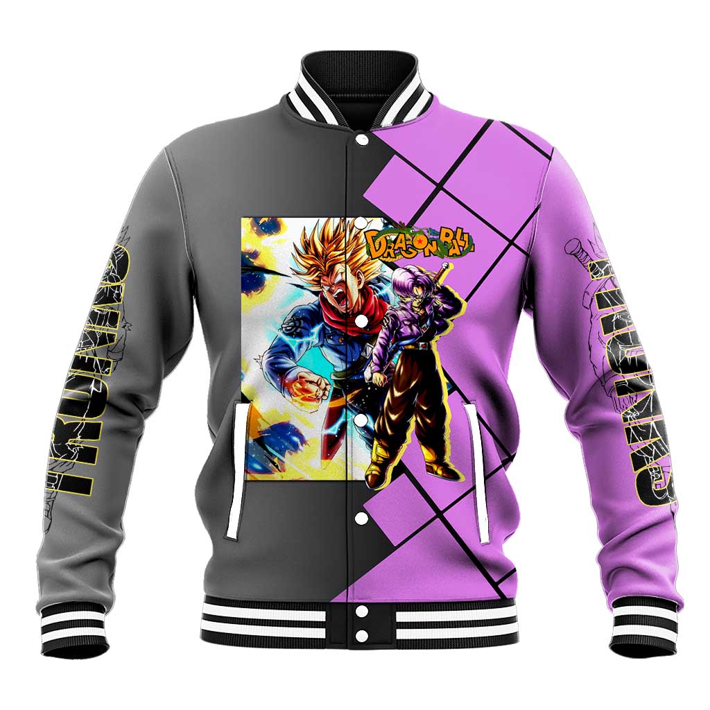Trunks Dragon Ball Baseball Jacket with Sword and Super Saiyan Battle Pose Design - The Mazicc