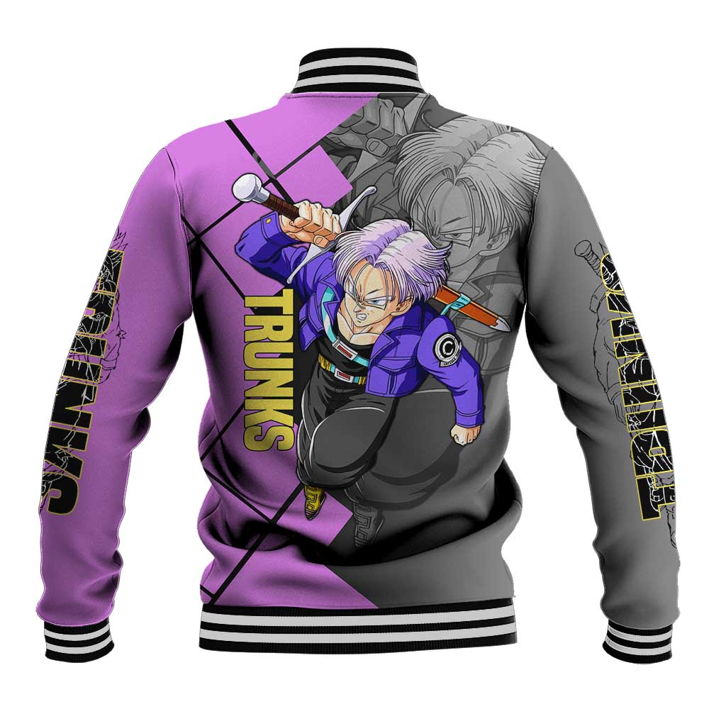 Trunks Dragon Ball Baseball Jacket with Sword and Super Saiyan Battle Pose Design - The Mazicc