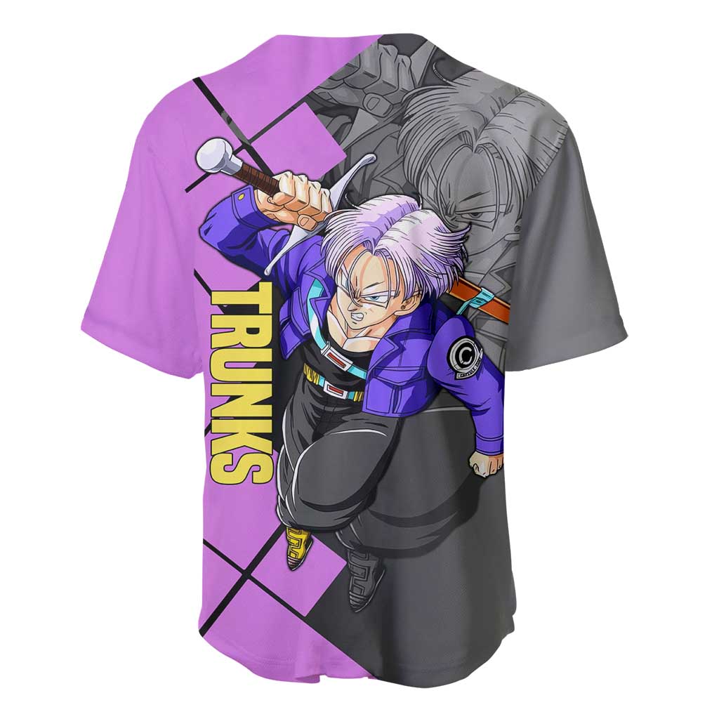 Trunks Dragon Ball Baseball Jersey with Sword and Super Saiyan Battle Pose Design - The Mazicc