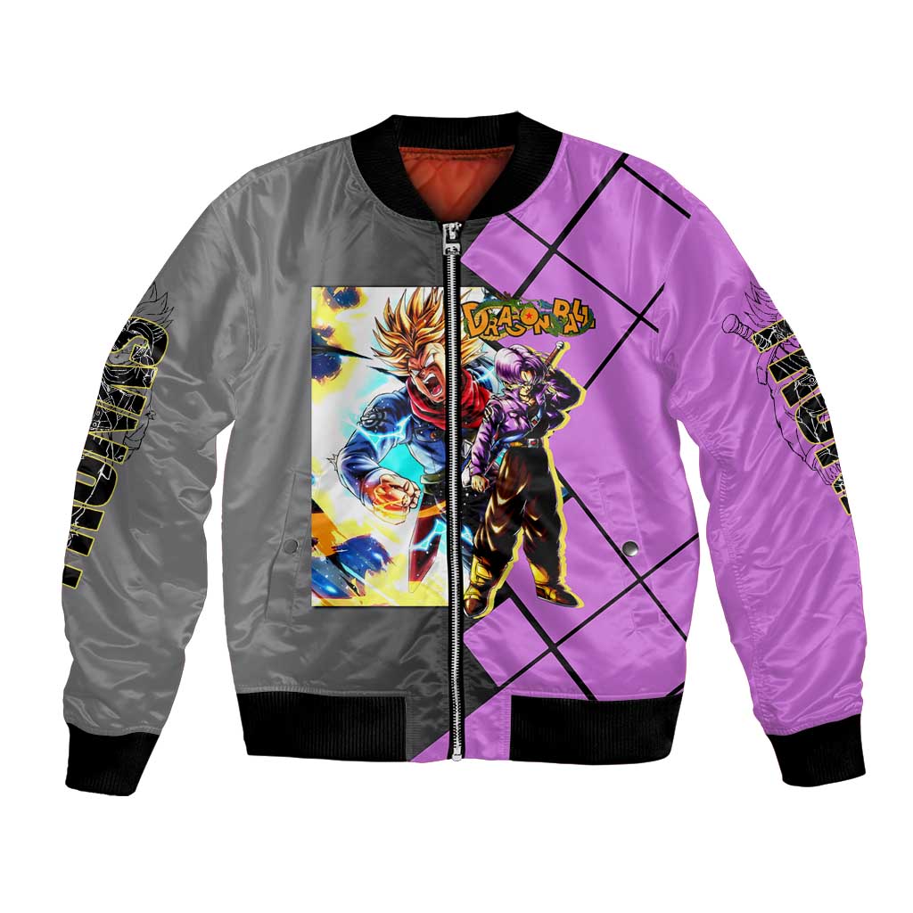 Trunks Dragon Ball Bomber Jacket with Sword and Super Saiyan Battle Pose Design - The Mazicc