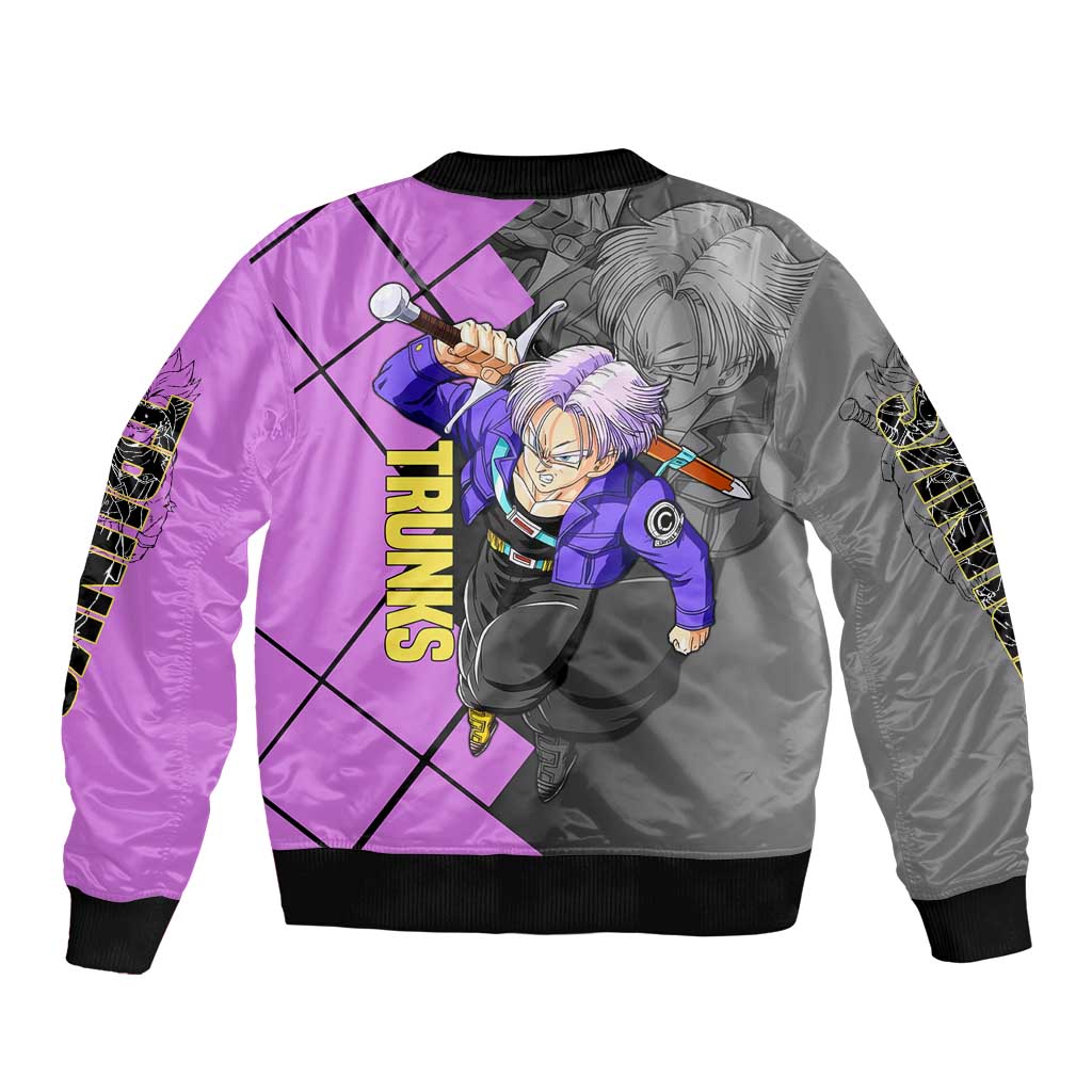 Trunks Dragon Ball Bomber Jacket with Sword and Super Saiyan Battle Pose Design - The Mazicc