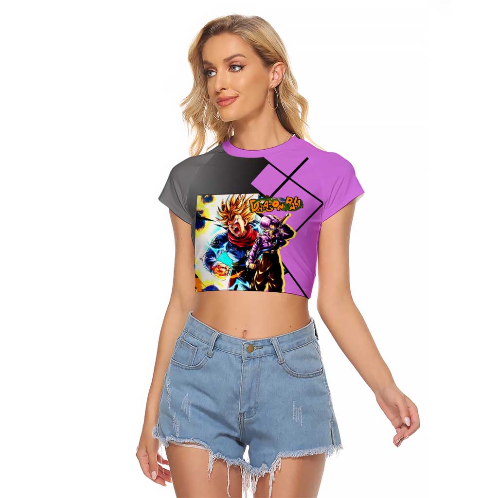 Trunks Dragon Ball Raglan Cropped T Shirt with Sword and Super Saiyan Battle Pose Design - The Mazicc