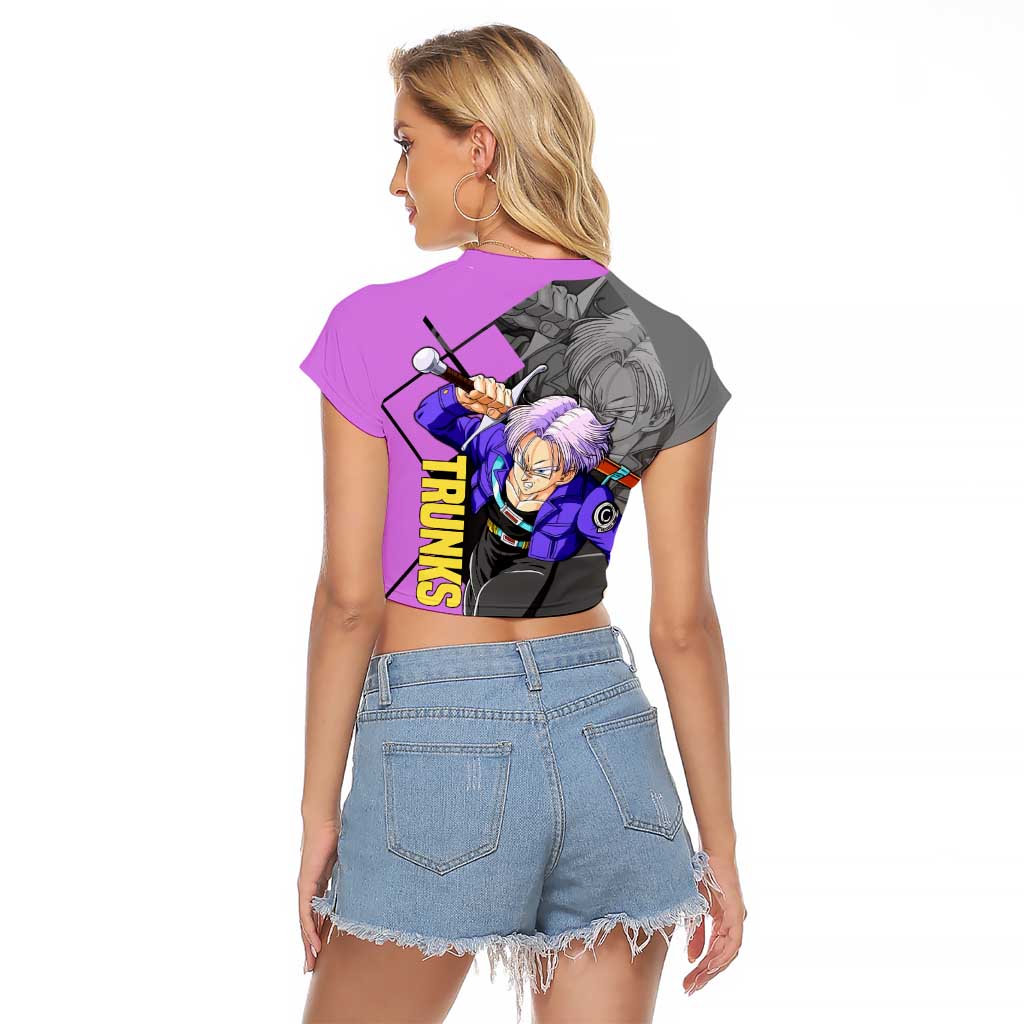 Trunks Dragon Ball Raglan Cropped T Shirt with Sword and Super Saiyan Battle Pose Design - The Mazicc