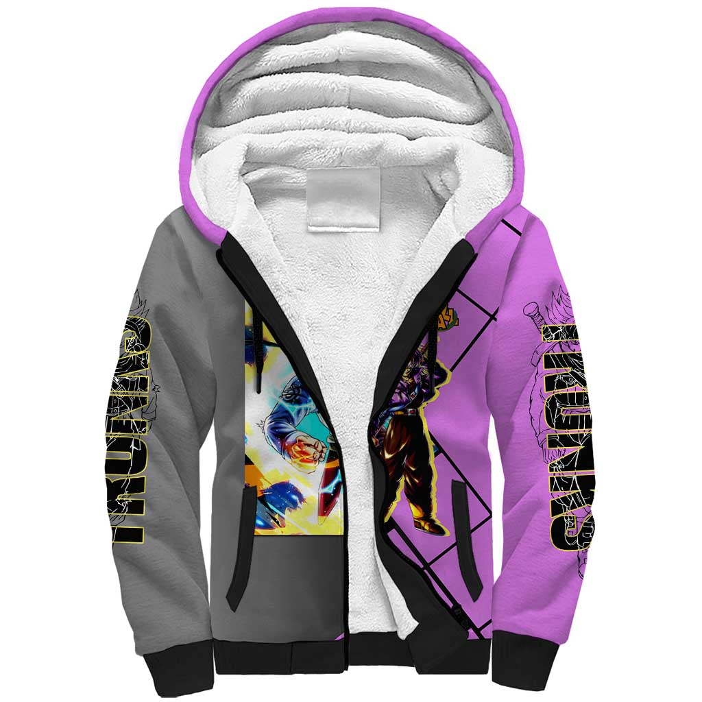 Trunks Dragon Ball Sherpa Hoodie with Sword and Super Saiyan Battle Pose Design - The Mazicc