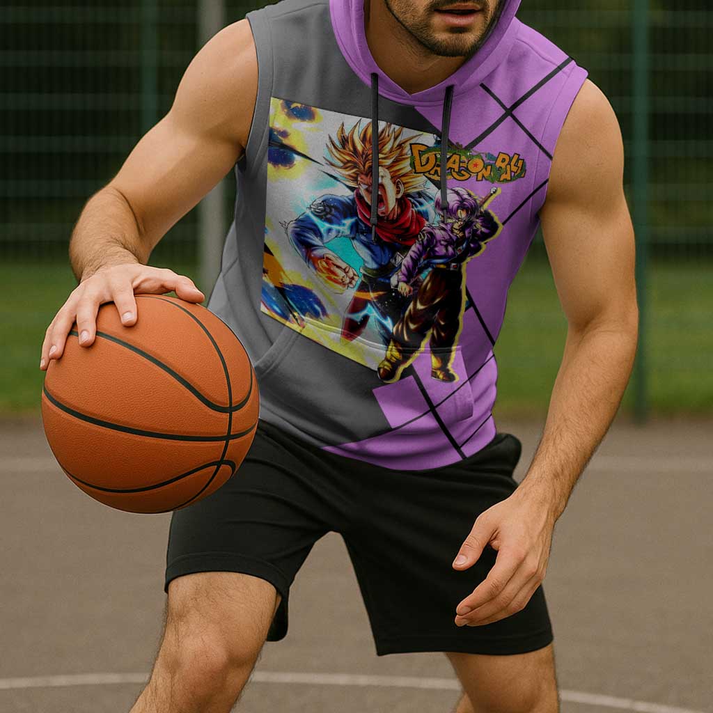 Trunks Dragon Ball Sleeveless Hoodie with Sword and Super Saiyan Battle Pose Design - The Mazicc