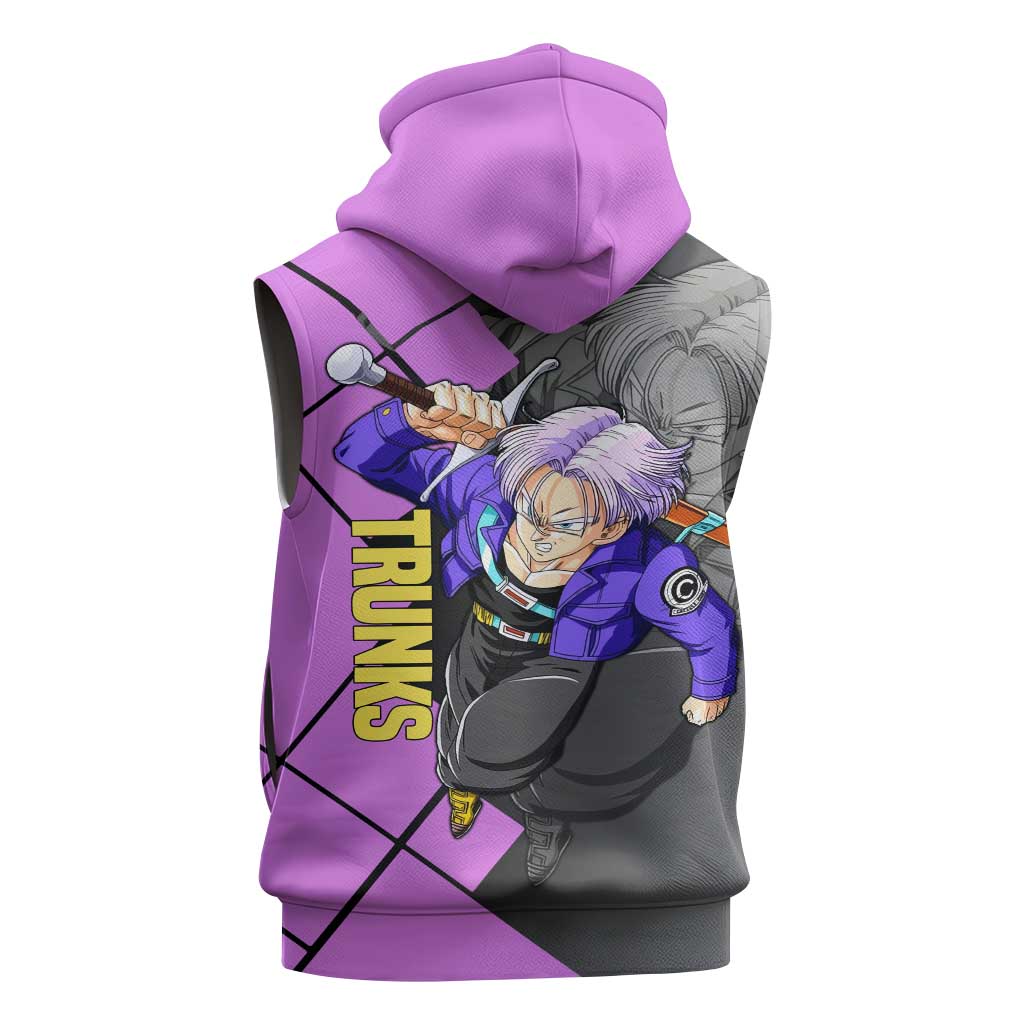 Trunks Dragon Ball Sleeveless Zip Hoodie with Sword and Super Saiyan Battle Pose Design - The Mazicc