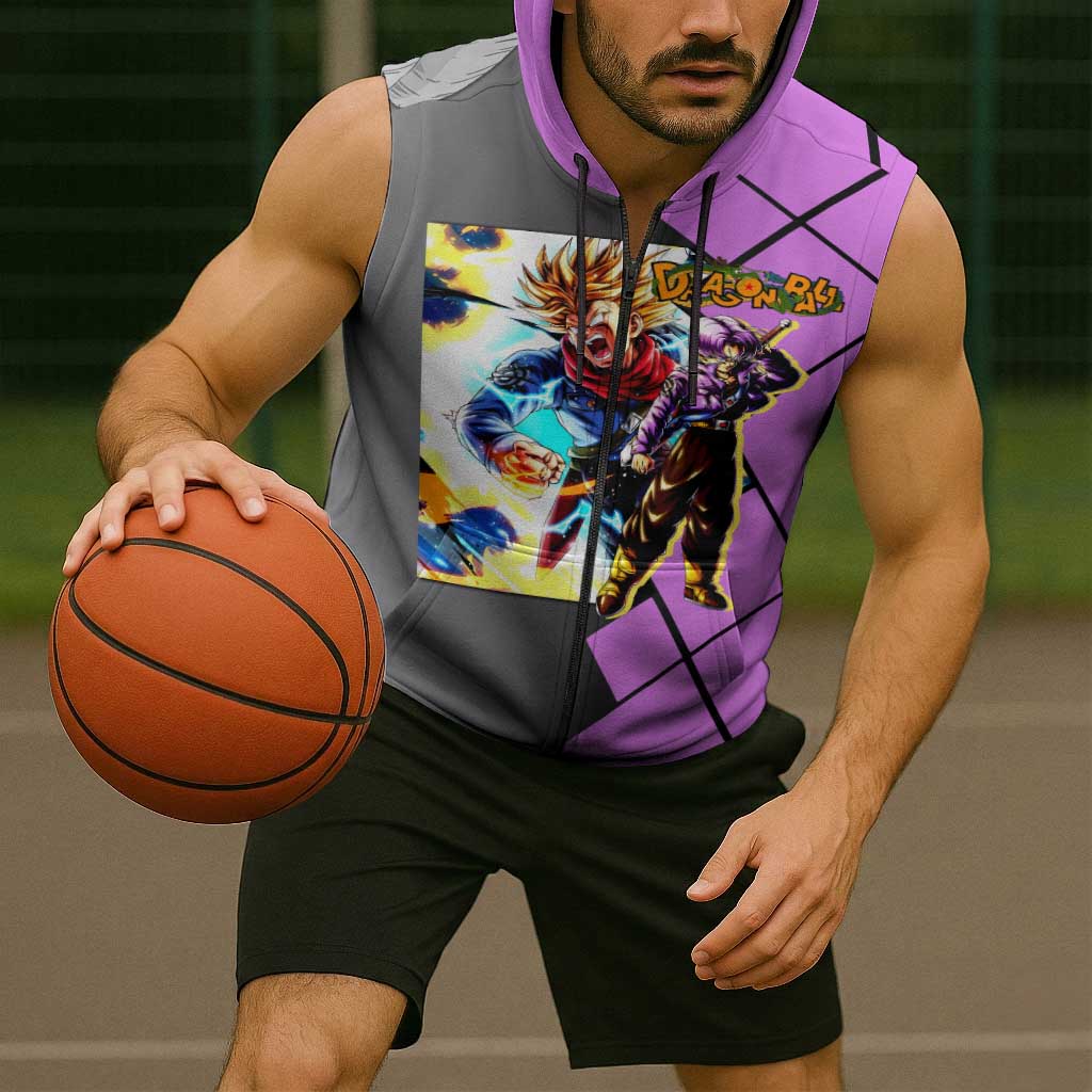 Trunks Dragon Ball Sleeveless Zip Hoodie with Sword and Super Saiyan Battle Pose Design - The Mazicc