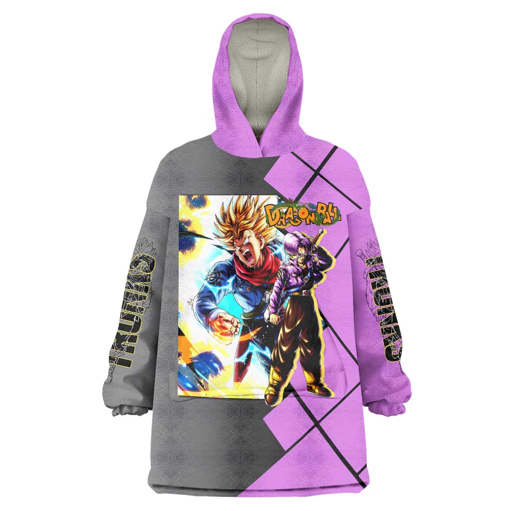 Trunks Dragon Ball Wearable Blanket Hoodie with Sword and Super Saiyan Battle Pose Design - The Mazicc