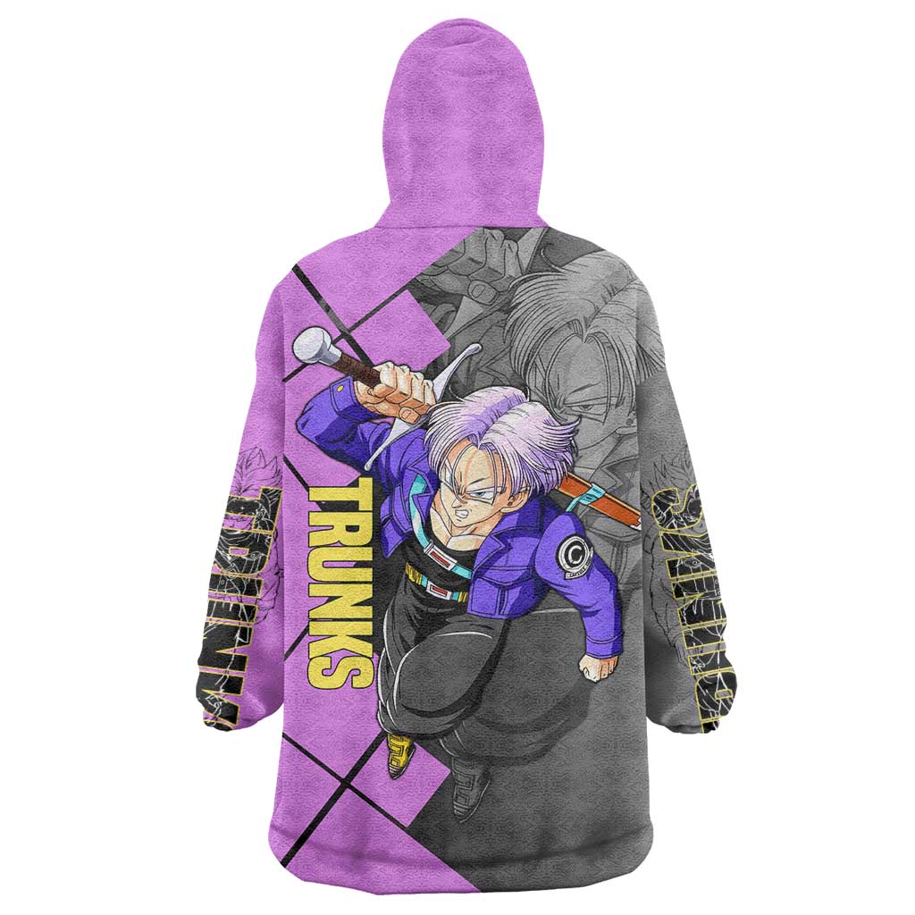 Trunks Dragon Ball Wearable Blanket Hoodie with Sword and Super Saiyan Battle Pose Design - The Mazicc