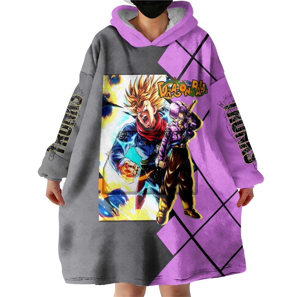 Trunks Dragon Ball Wearable Blanket Hoodie with Sword and Super Saiyan Battle Pose Design - The Mazicc