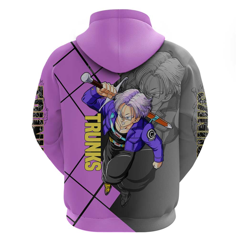Trunks Dragon Ball Zip Hoodie with Sword and Super Saiyan Battle Pose Design - The Mazicc