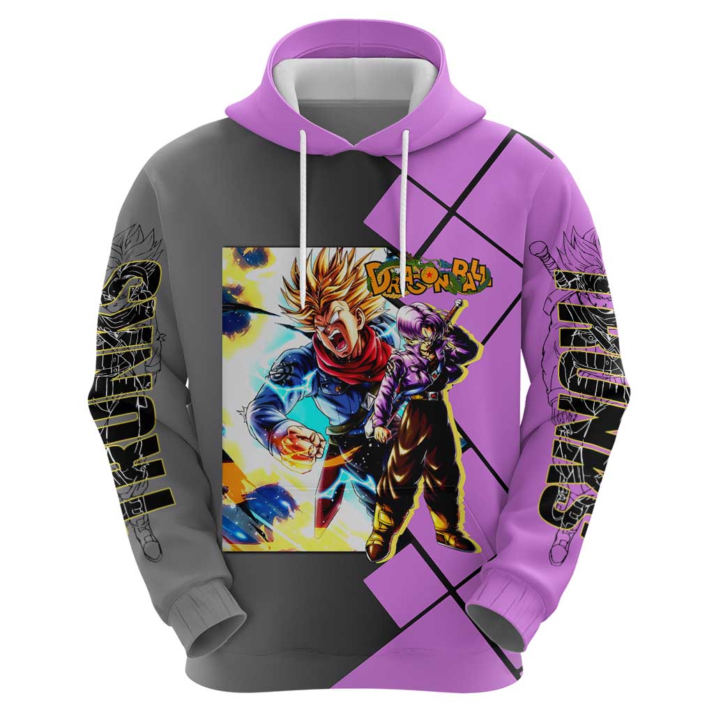 Trunks Dragon Ball Zip Hoodie with Sword and Super Saiyan Battle Pose Design - The Mazicc