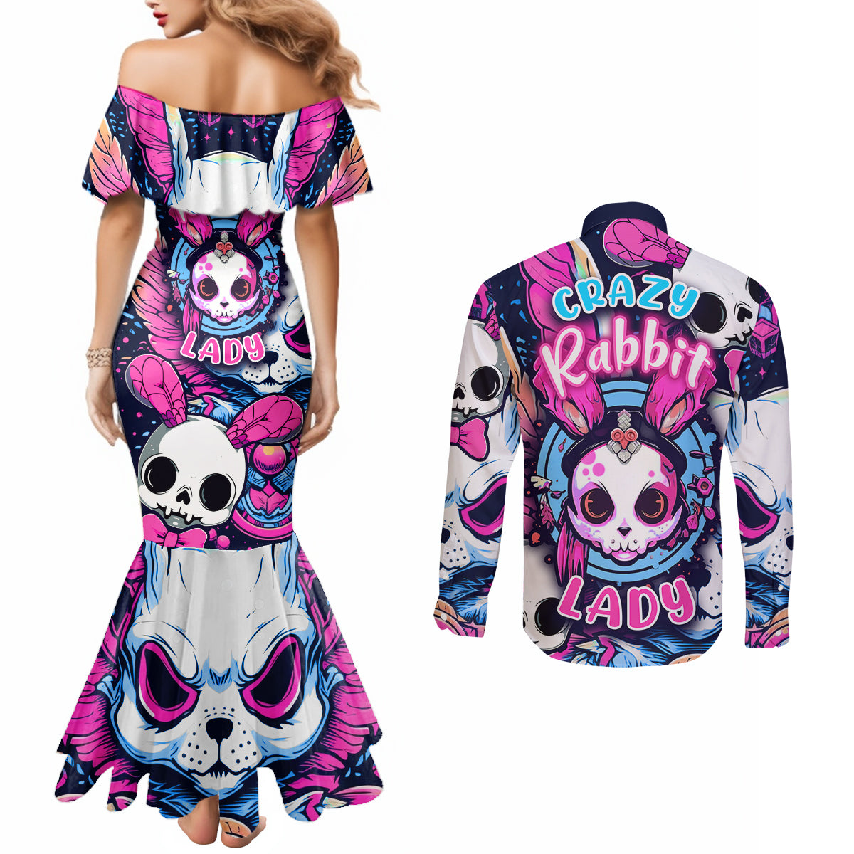 crazy-rabbit-lady-couples-matching-mermaid-dress-and-long-sleeve-button-shirts