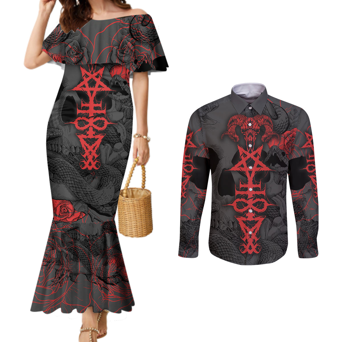 skull-horror-satan-symbol-grunge-couples-matching-mermaid-dress-and-long-sleeve-button-shirts