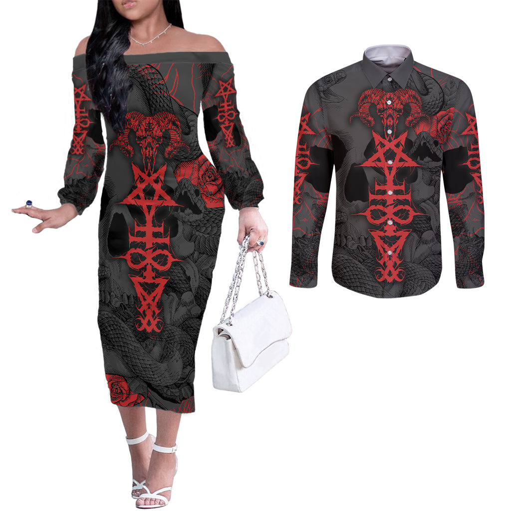 skull-horror-satan-symbol-grunge-couples-matching-off-the-shoulder-long-sleeve-dress-and-long-sleeve-button-shirts