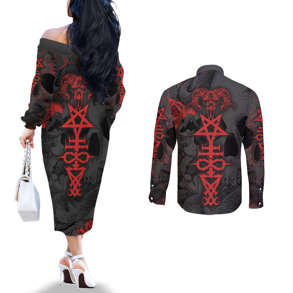 skull-horror-satan-symbol-grunge-couples-matching-off-the-shoulder-long-sleeve-dress-and-long-sleeve-button-shirts