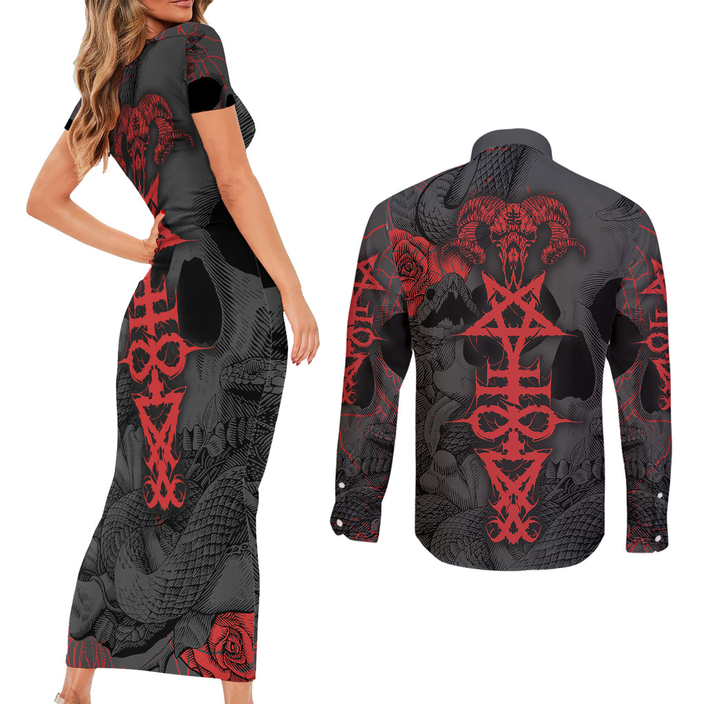 skull-horror-satan-symbol-grunge-couples-matching-short-sleeve-bodycon-dress-and-long-sleeve-button-shirts