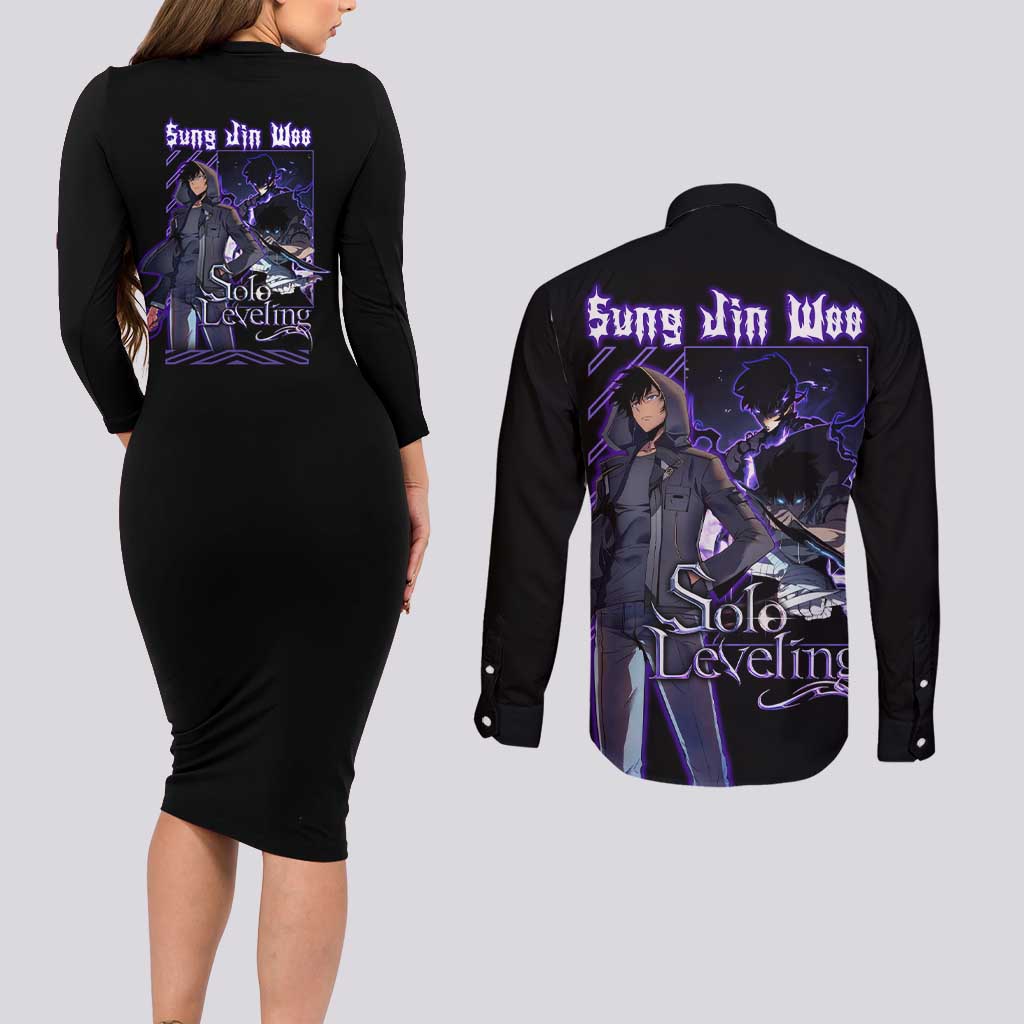 Sung Jinwoo Solo Leveling Couples Matching Long Sleeve Bodycon Dress and Long Sleeve Button Shirt Anime Style