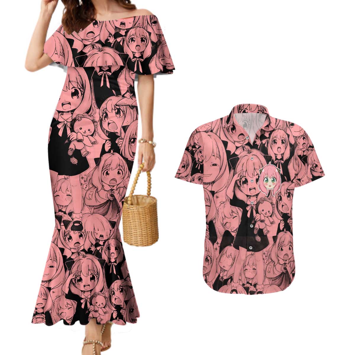 Anya Forger Bond Spy x Family Couples Matching Mermaid Dress and Hawaiian Shirt Anime Mix Manga Style