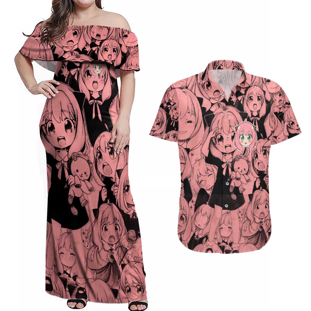 Anya Forger Bond Spy x Family Couples Matching Off Shoulder Maxi Dress and Hawaiian Shirt Anime Mix Manga Style