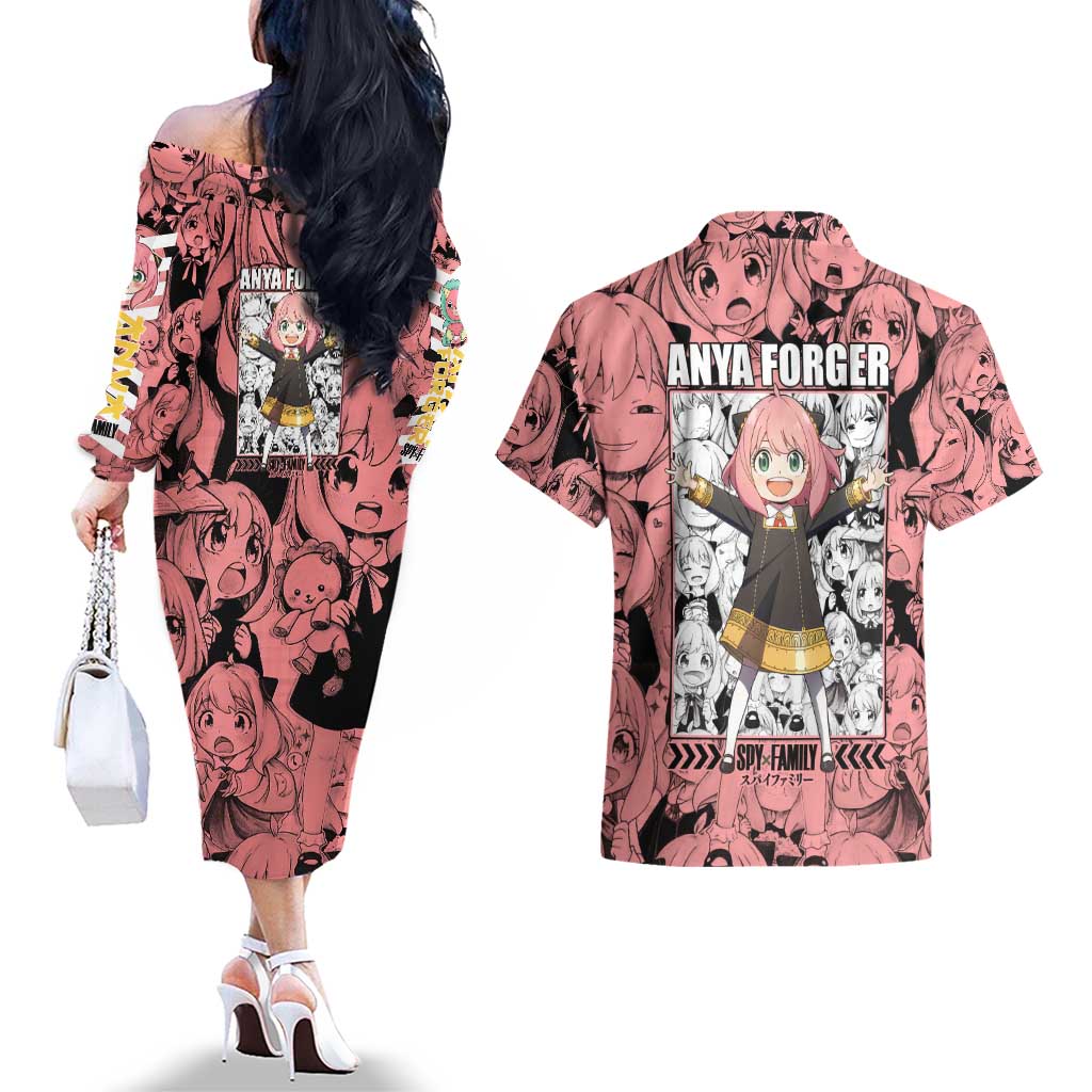 Anya Forger Bond Spy x Family Couples Matching Off The Shoulder Long Sleeve Dress and Hawaiian Shirt Anime Mix Manga Style