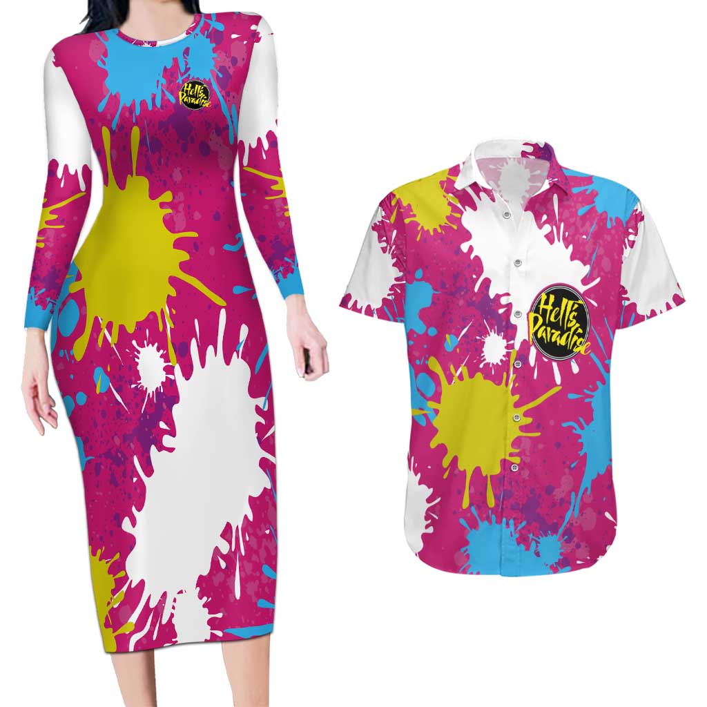 Art Fantasma Hell’s Paradise Couples Matching Long Sleeve Bodycon Dress and Hawaiian Shirt Anime Uniform Mix Color Painting Splash