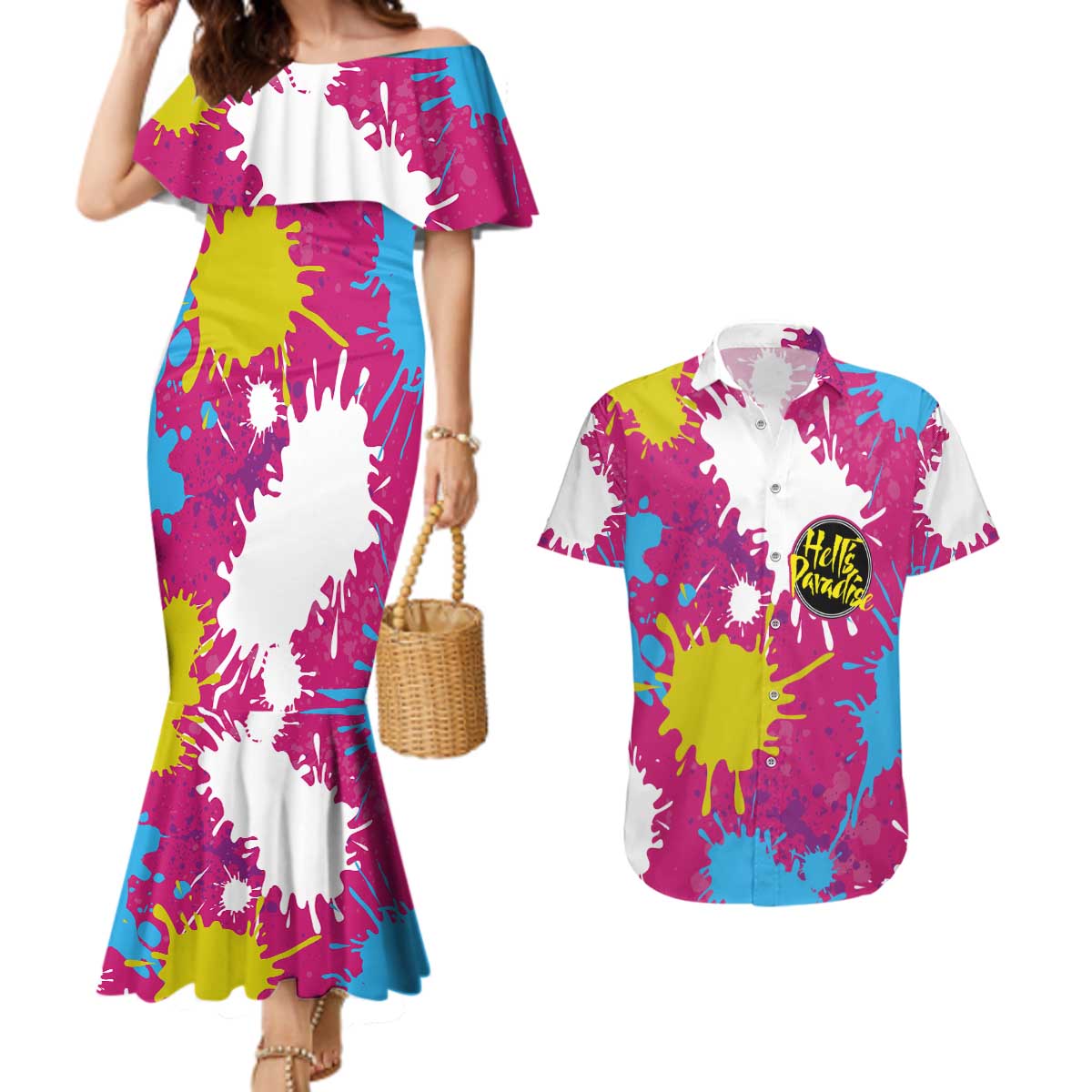 Art Fantasma Hell’s Paradise Couples Matching Mermaid Dress and Hawaiian Shirt Anime Uniform Mix Color Painting Splash