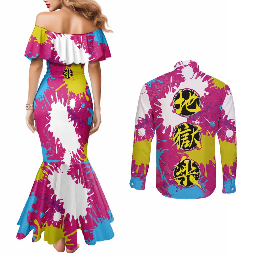 Art Fantasma Hell’s Paradise Couples Matching Mermaid Dress and Long Sleeve Button Shirt Anime Uniform Mix Color Painting Splash
