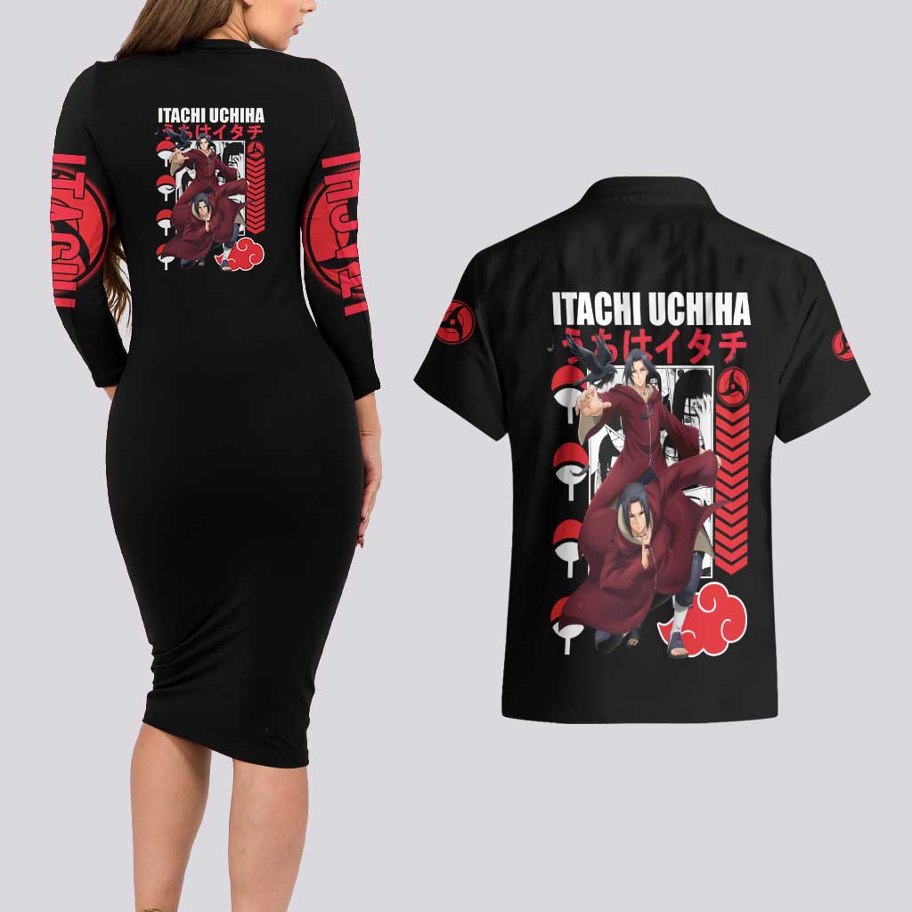 Uchiha Itachi V2 Naruto Couples Matching Long Sleeve Bodycon Dress and Hawaiian Shirt Anime Style - The Mazicc