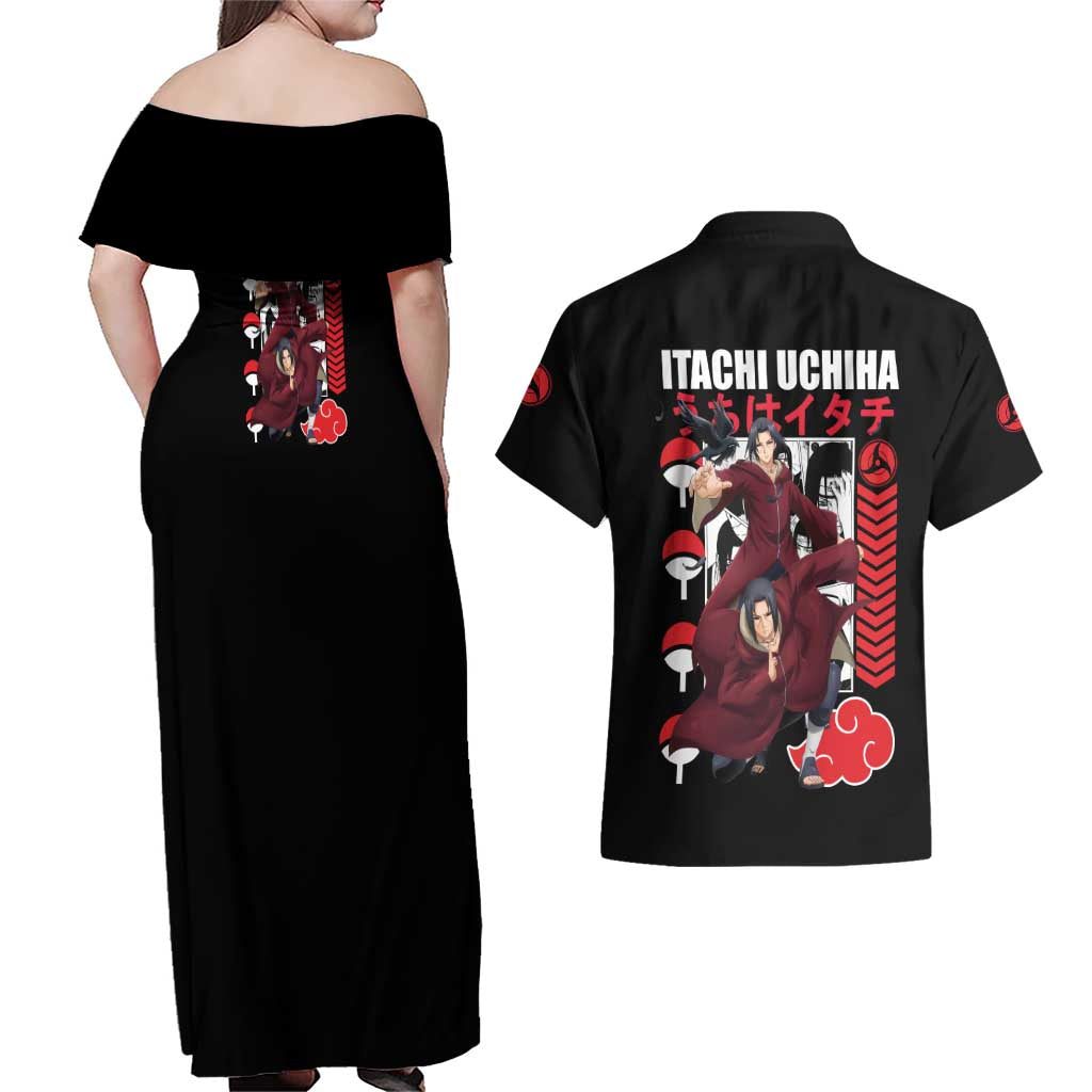 Uchiha Itachi V2 Naruto Couples Matching Off Shoulder Maxi Dress and Hawaiian Shirt Anime Style - The Mazicc