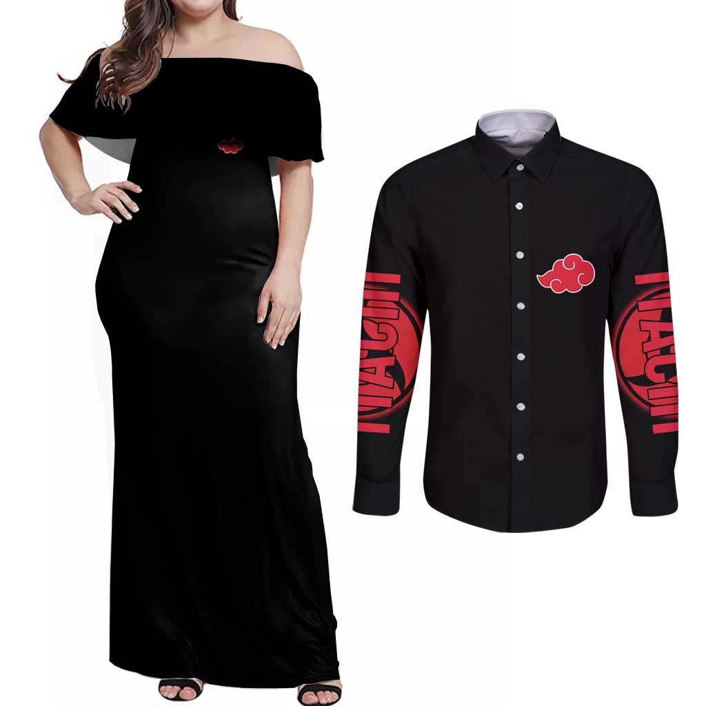 Uchiha Itachi V2 Naruto Couples Matching Off Shoulder Maxi Dress and Long Sleeve Button Shirt Anime Style - The Mazicc