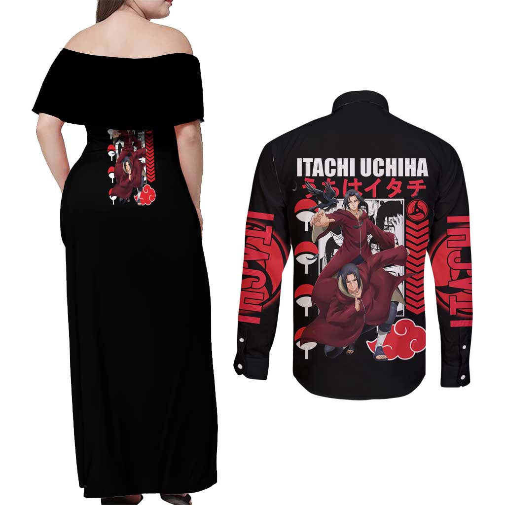 Uchiha Itachi V2 Naruto Couples Matching Off Shoulder Maxi Dress and Long Sleeve Button Shirt Anime Style - The Mazicc